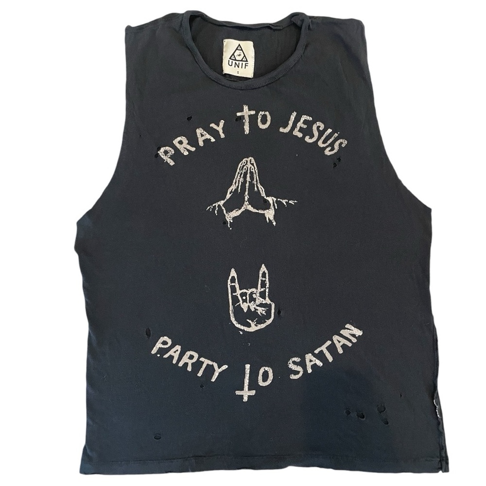 UNIF RARE Pray to Jesus Black Distressed Muscle Tee/Tank Top Small